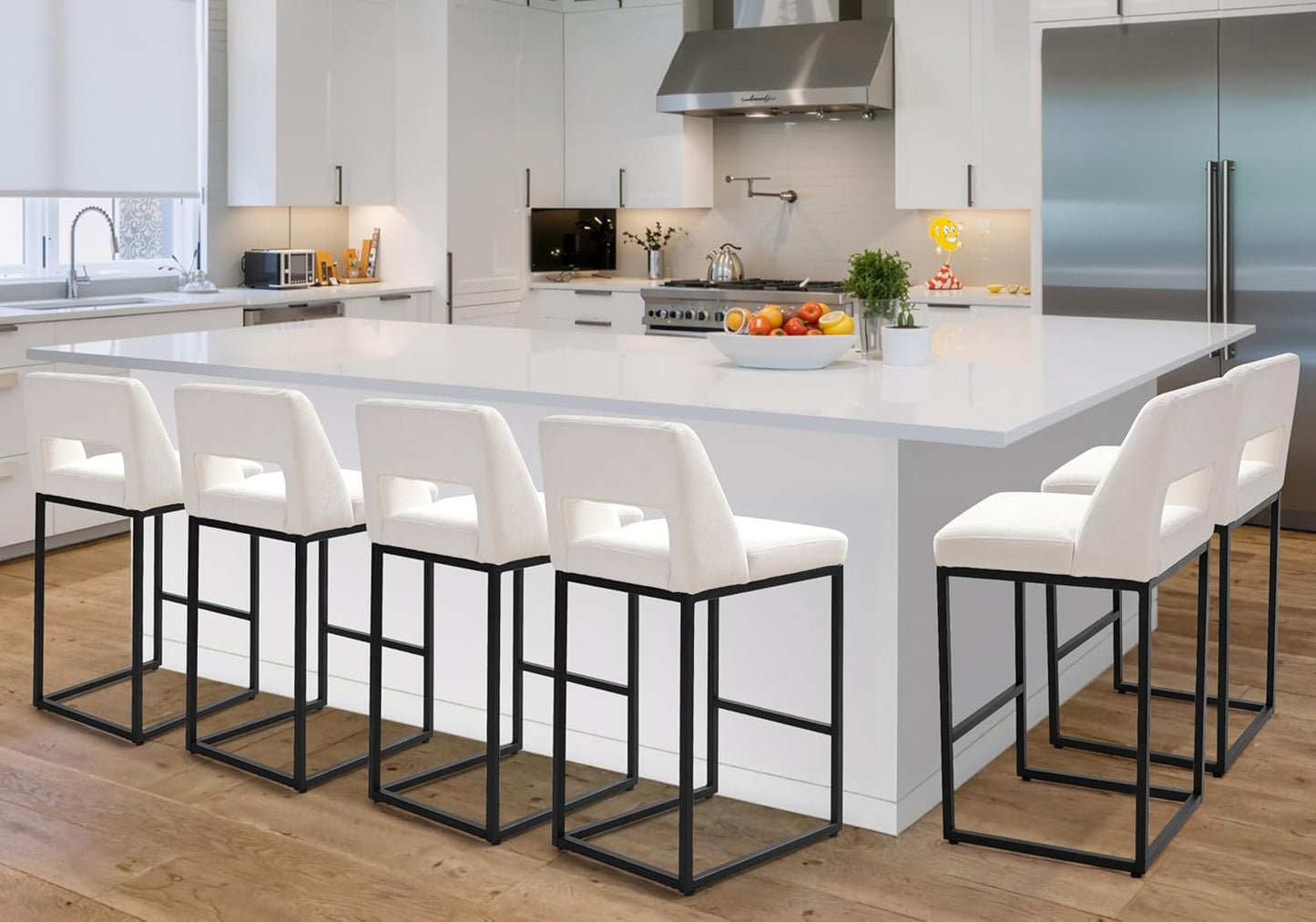 Counter Height Bar Stools Set of 4 for Kitchen Counter Modern Bar Chairs with Backs 26 Inch for Kitchen Island with Upholstered Faux Leather Seat and Metal Frame, Beige