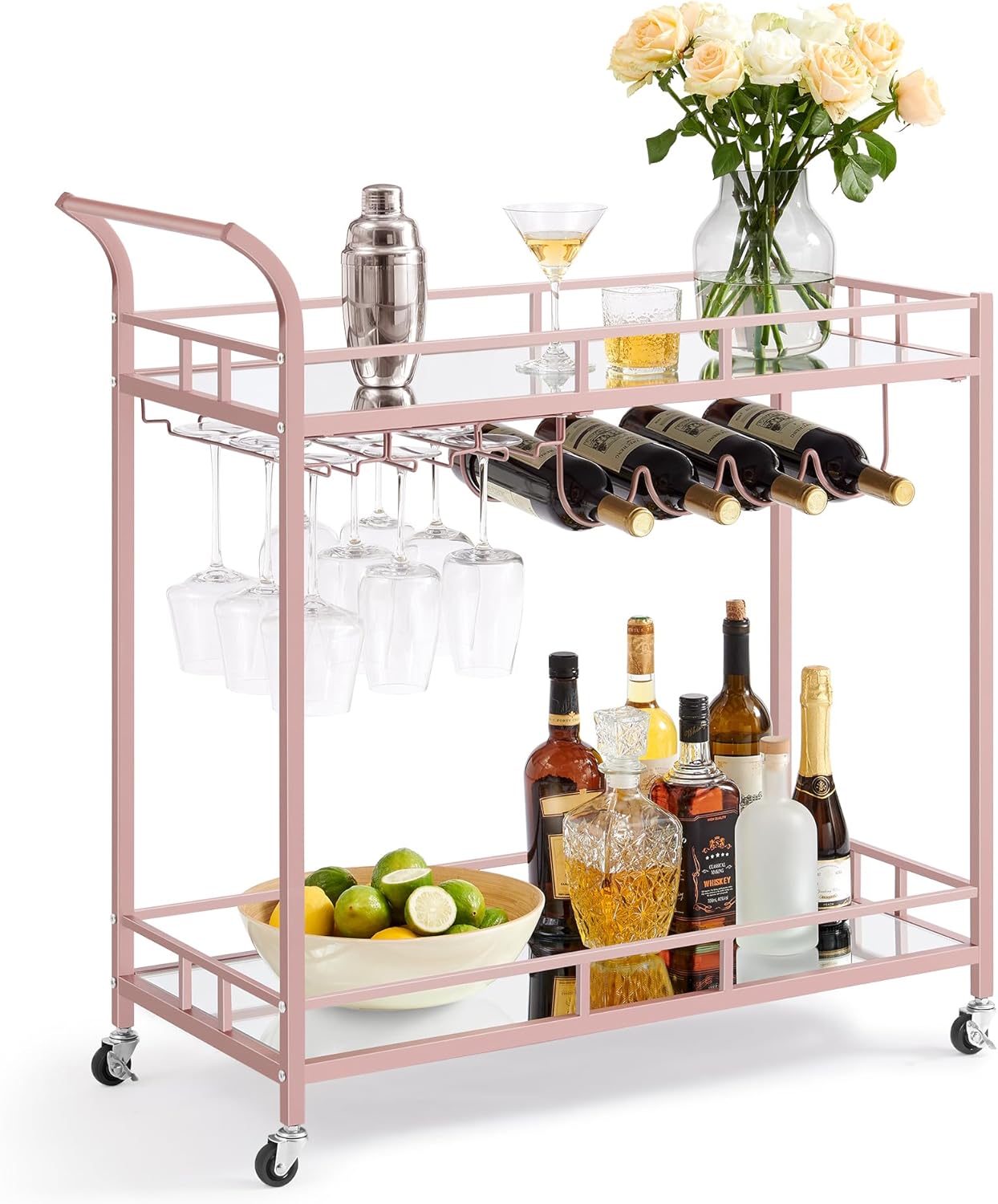 VASAGLE Bar Cart Black, Home Bar Serving Cart, Wine Cart with 2 Mirrored Shelves, Wine Holders, Glass Holders, for Kitchen, Dining Room, Black ULRC090B62
