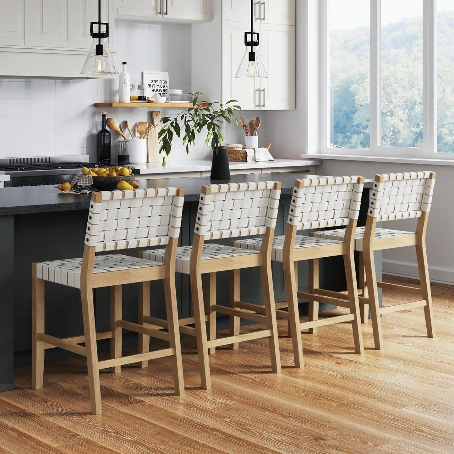 Nathan James Cohen Mid-Century Modern Leather Bar Stool, Counter Height Chair in Solid Wood Frame with Footrest and Woven Leather Back for Kitchen, Natural Brown, Set of 2