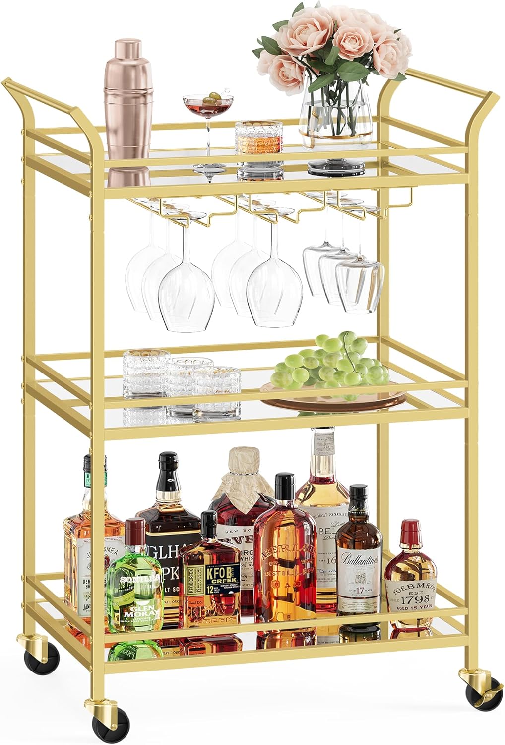 VASAGLE Bar Cart Gold, Large Home Bar Serving Cart with 3-Tier Mirrored Shelf, Wine Holders, Glass Holders, Kitchen, 15 x 33.9 x 35.4 Inches, Gold ULRC083A02