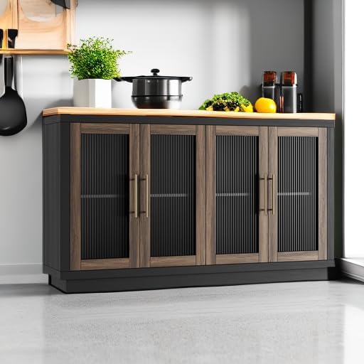 FOTOSOK Buffet Cabinet with Storage, 55.1" Large Sideboard Buffet Table, Modern Sideboard Kitchen Cabinet with 4 Fluted Glass Doors, Wood Coffee Ba for Kitchen Dining Room, Black/Brown