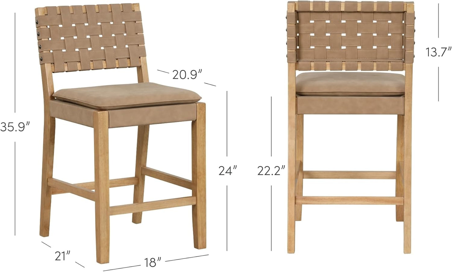 Nathan James Cohen Mid-Century Modern Leather Bar Stool, Counter Height Chair in Solid Wood Frame with Footrest and Woven Leather Back for Kitchen, Natural Brown, Set of 2