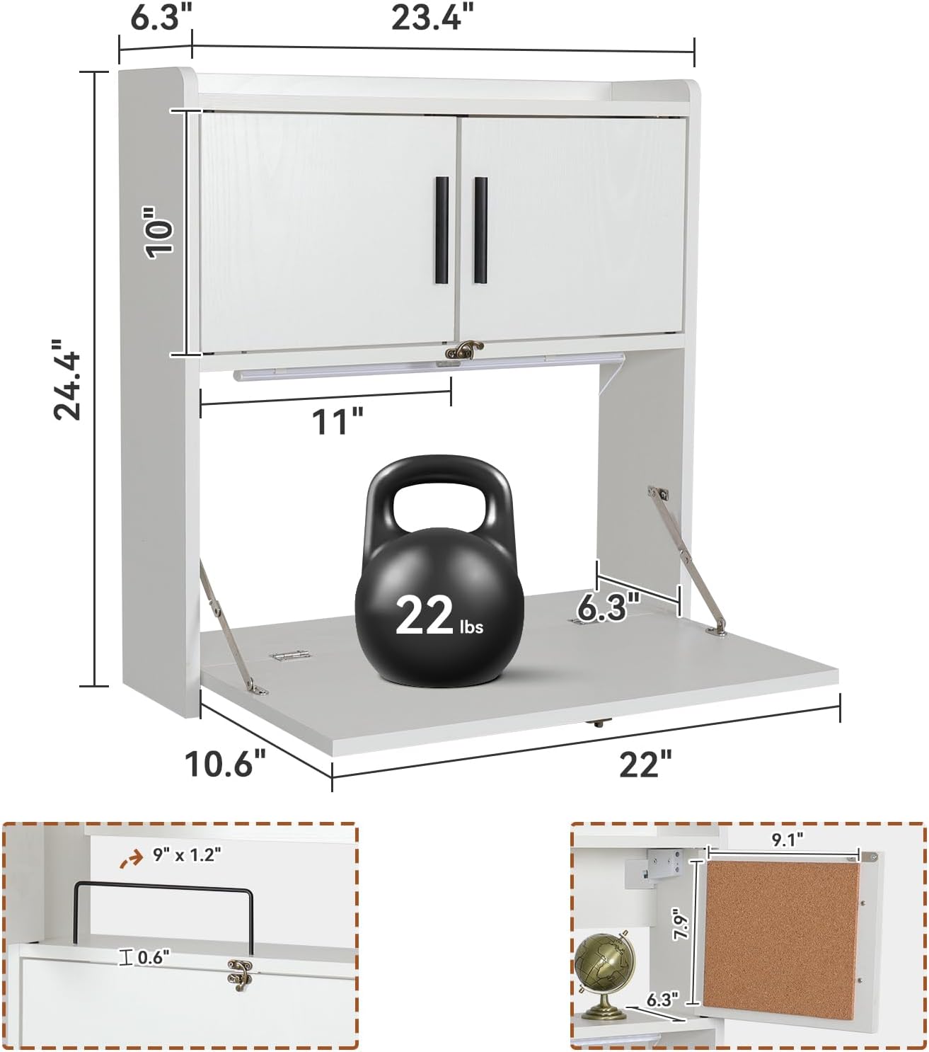 ARTETHYS Wall Mounted Desk with LED Light Multifunctional Fold Down Laptop Computer Table Writing Workstation with Storage Compartments Space Saving for Home Office