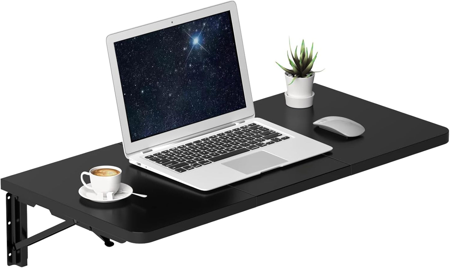 TEAMIX Wall Mounted Folding Table, Black Floating Desk for Small Spaces, Drop Leaf Dining Table for Kitchen Fold Down Laundry Shelf with Heavy-Duty Brackets