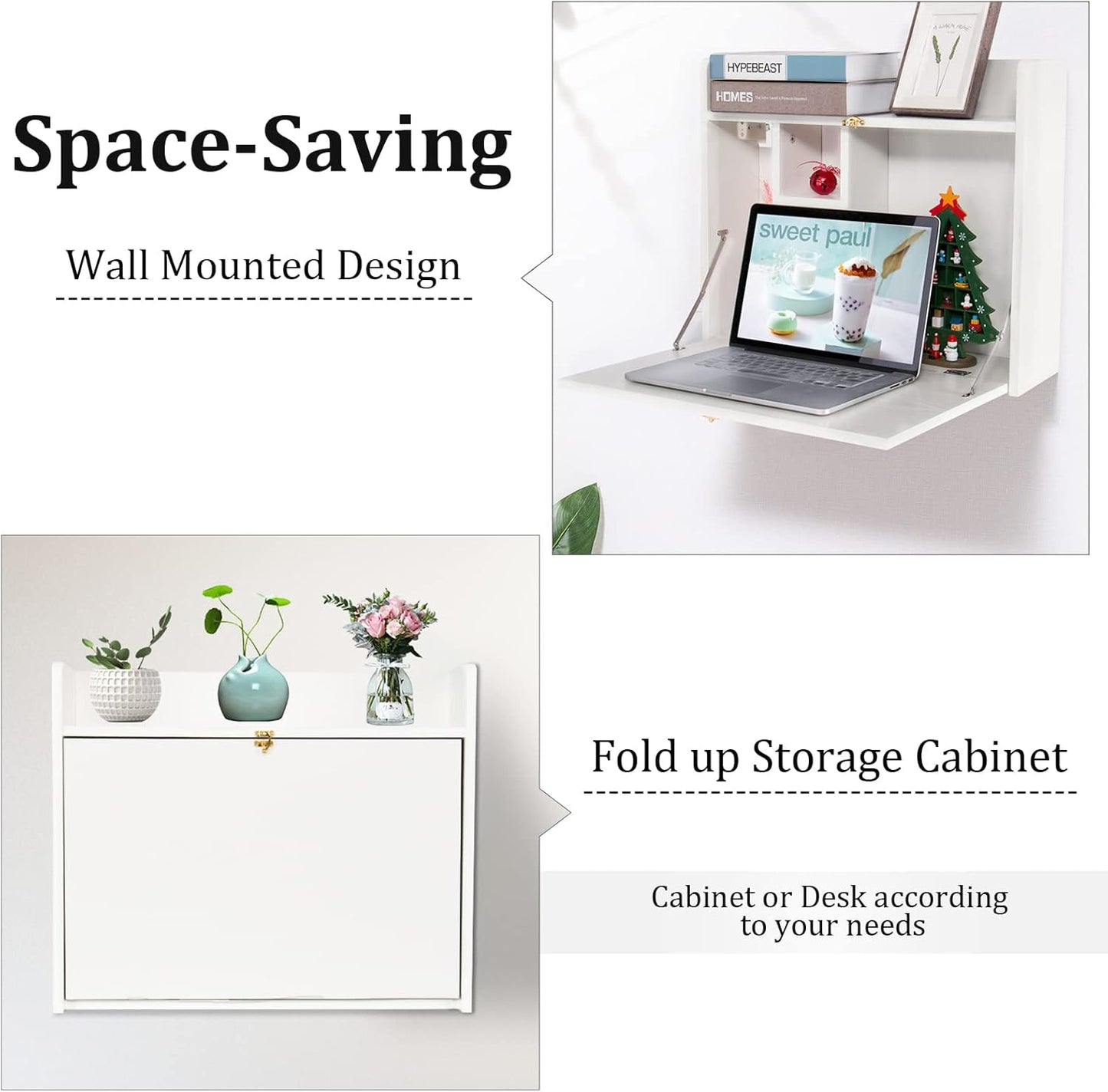 YUSING Wall Mounted Table, Multifunctional Fold Down Wall Mounted Laptop Computer Desk with Storage Compartments for Home, Office, White