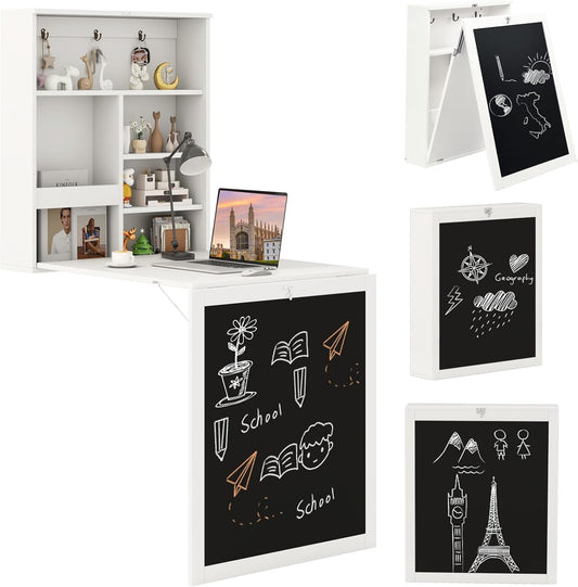 Tangkula Foldable Wall-Mounted Desk, Floating Desk with Chalkboard, Storage Shelves & Hooks, Space-Saving Murphy Table for Home Office, Bedroom, Dorm Room, Small Spaces