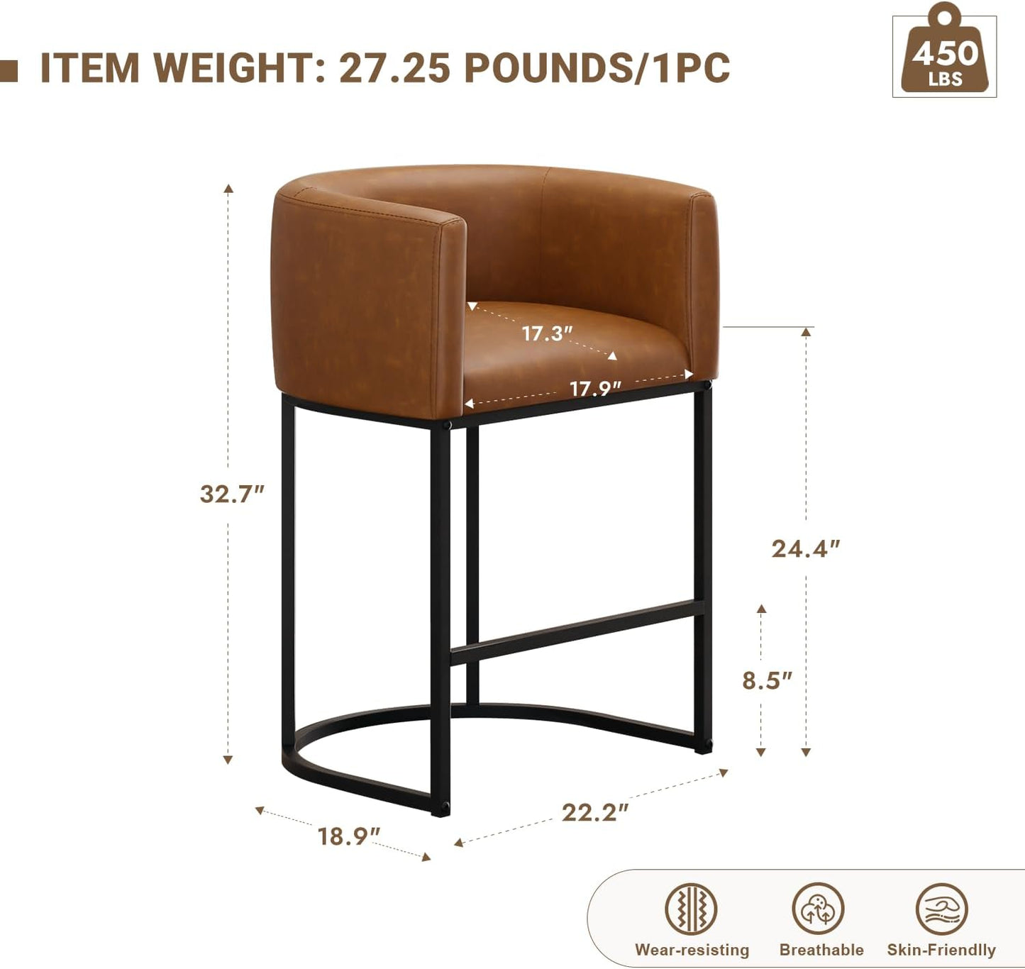 26" H Counter Height Bar Stools Set of 3, Modern Barrel Counter Stools with Backrest and Arms, Faux Leather Upholstered Accent Barstools for Kitchen Island,Support 450 LBS（Walnut Brown）