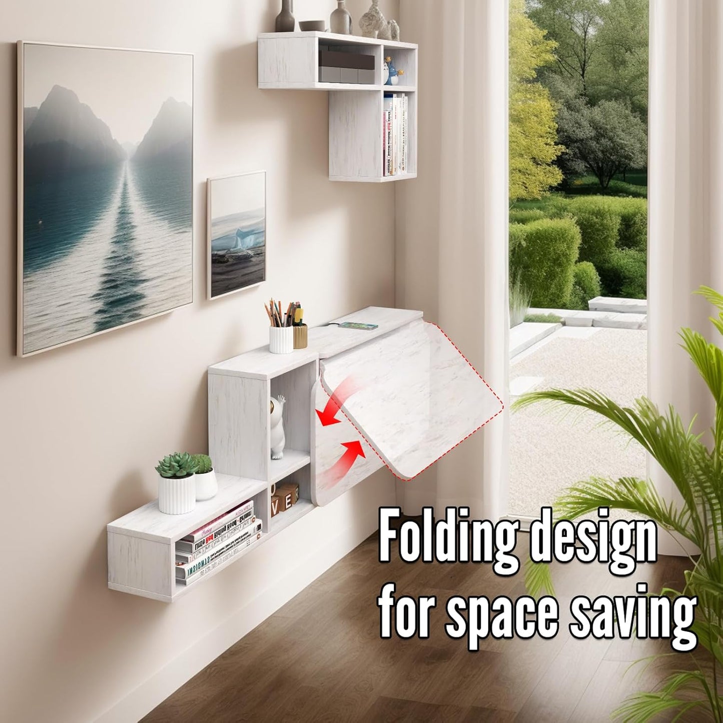 Pmnianhua Floating Desk with Moveable Cabinets,Wall Mounted Drop Leaf Table,Folding Wall Desk with Convertible Shelves,Multifunctional Laptop Workstation with Storage for Space Saving Small Space