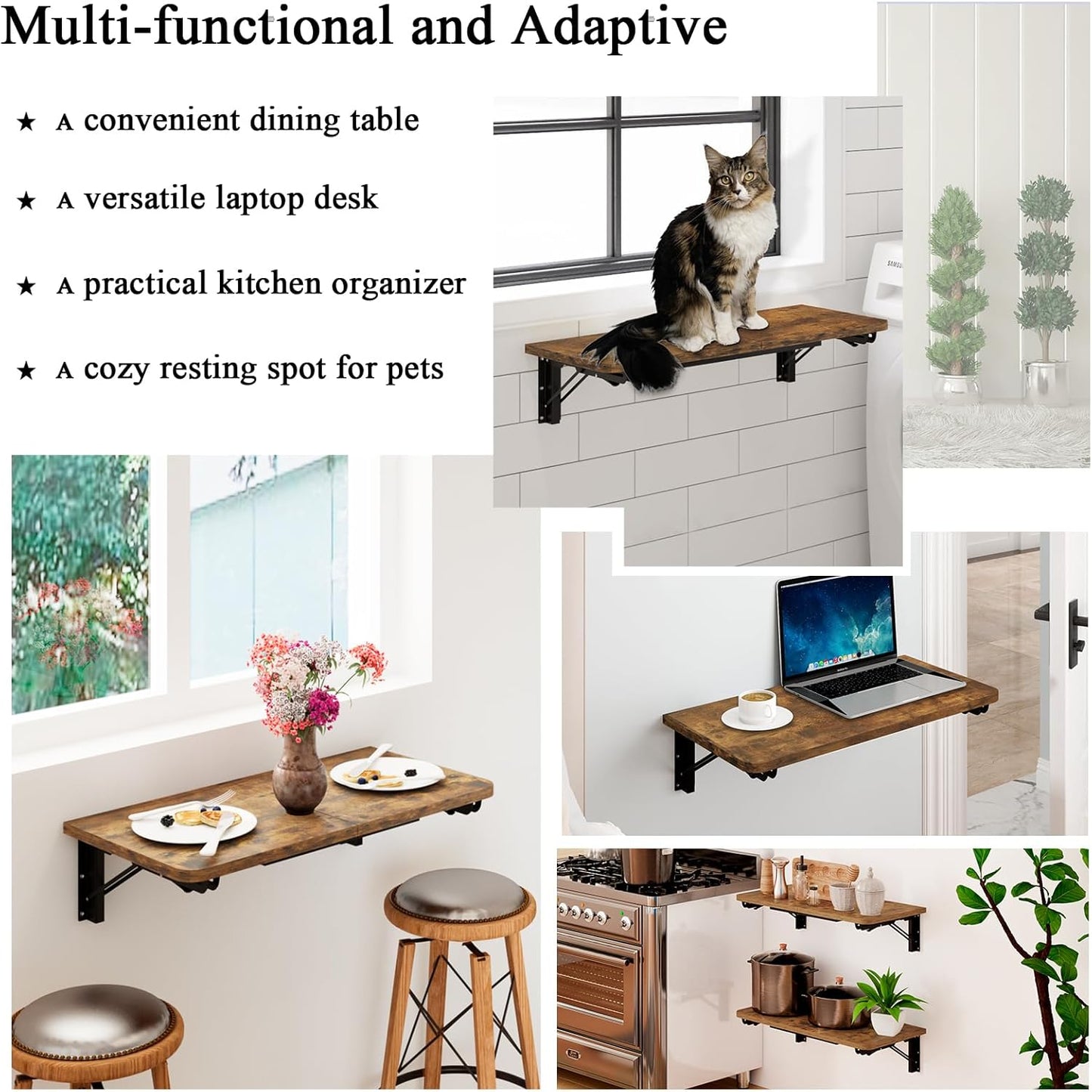 TEAMIX Wall Mounted Folding Table, Rustic Brown Floating Wall Desk for Small Spaces, Drop Leaf Dining Table for Kitchen Fold Down Laundry Shelf with Heavy-Duty Brackets