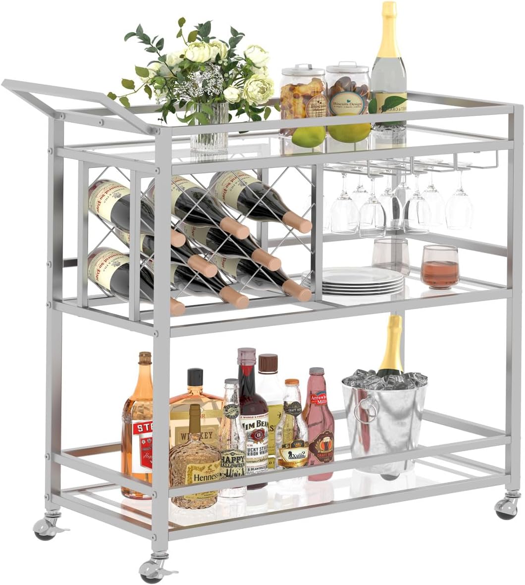 FATORRI Bar Cart Gold, Home Bar Serving Cart with Wine Rack and Glasses Holder, Wine Carts on Wheels with 3 Tier Mirrored Shelves for Liquor and Beverage (Gold)