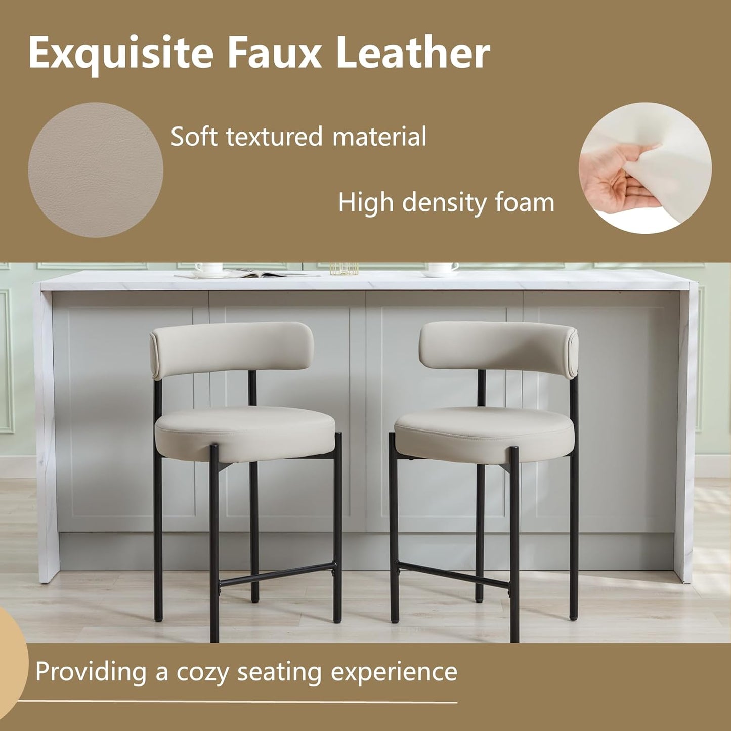 Counter Height Bar Stools Set of 3, 24'' Faux Leather Bar Stools with Back, Mid-Century Modern Bar Chairs for Kitchen Island, Dining Room, Vegan Leather, Grey