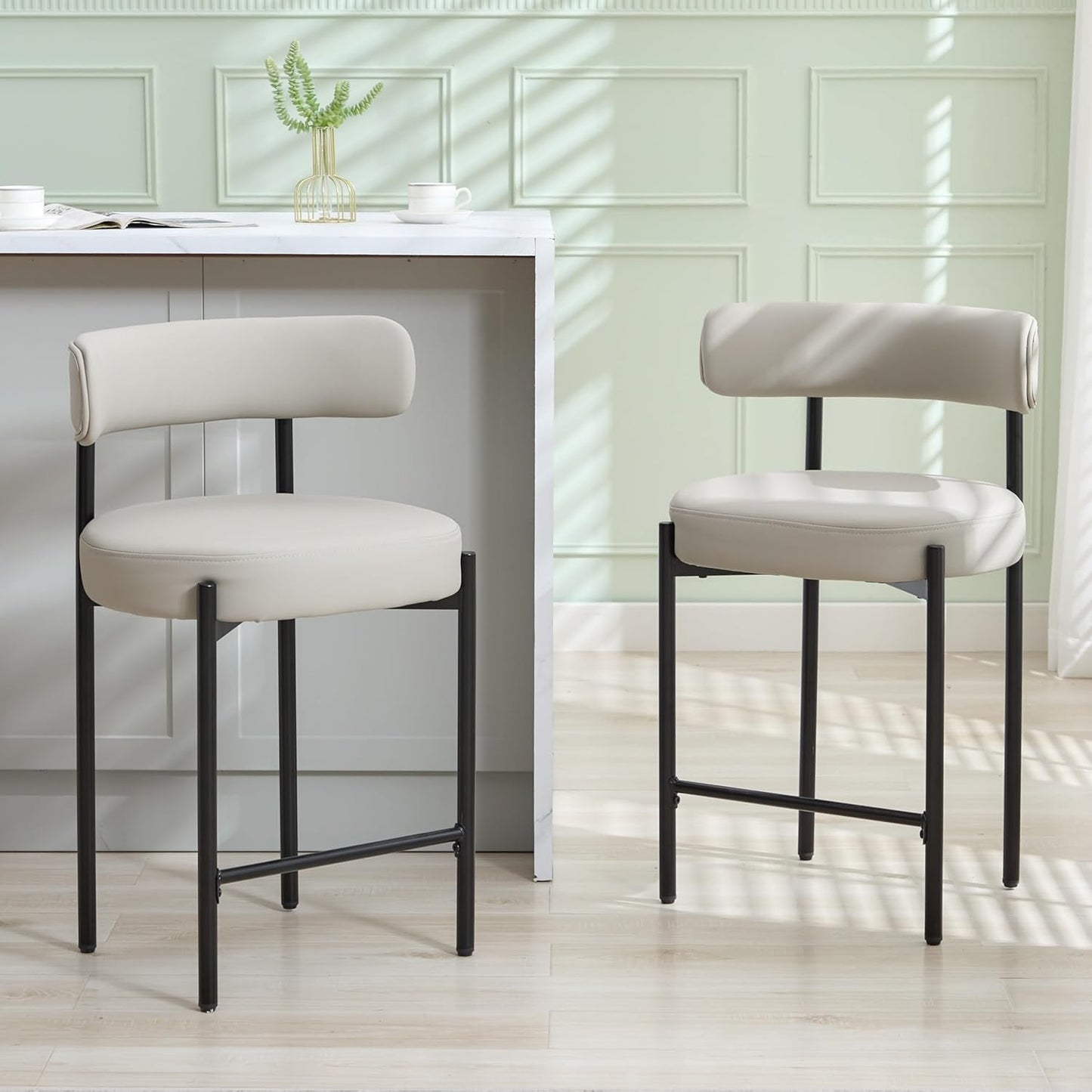Counter Height Bar Stools Set of 3, 24'' Faux Leather Bar Stools with Back, Mid-Century Modern Bar Chairs for Kitchen Island, Dining Room, Vegan Leather, Grey