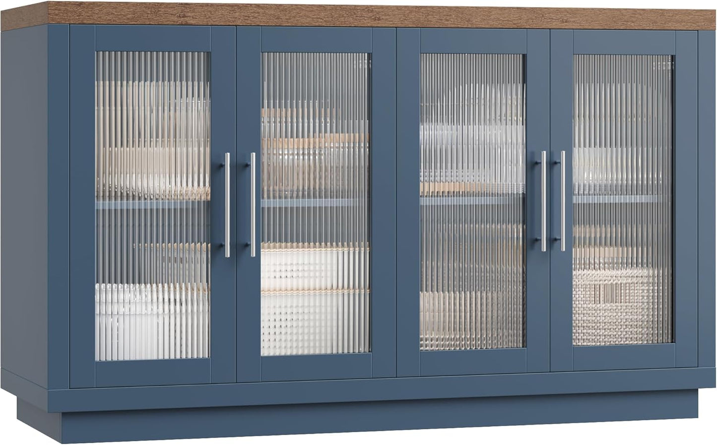 FOTOSOK Buffet Cabinet with Storage, 55.1" Large Sideboard Buffet Table, Modern Sideboard Kitchen Cabinet with 4 Fluted Glass Doors, Wood Coffee Ba for Kitchen Dining Room, Black/Brown