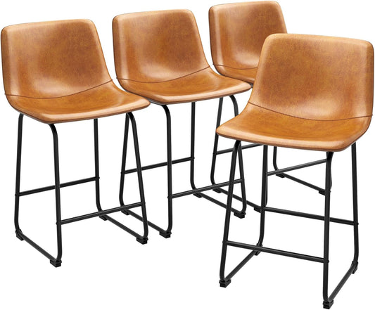 Bar Stools Set of 4, PU Leather Counter Height Bar Stools, 26" Modern Barstools with Metal Legs and Footrest, Urban Armless Dining Chairs with Backrest for Kitchen Island (Brown)