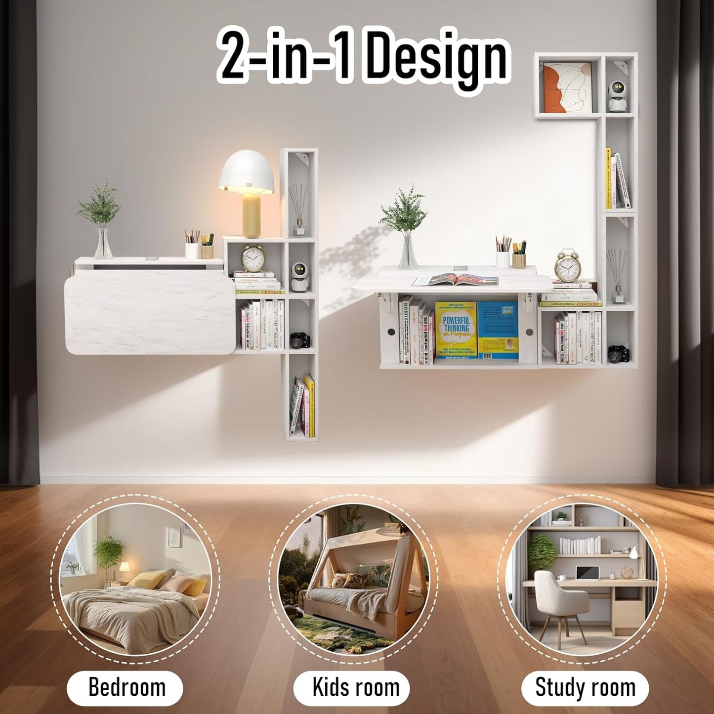 Pmnianhua Floating Desk with Moveable Cabinets,Wall Mounted Drop Leaf Table,Folding Wall Desk with Convertible Shelves,Multifunctional Laptop Workstation with Storage for Space Saving Small Space