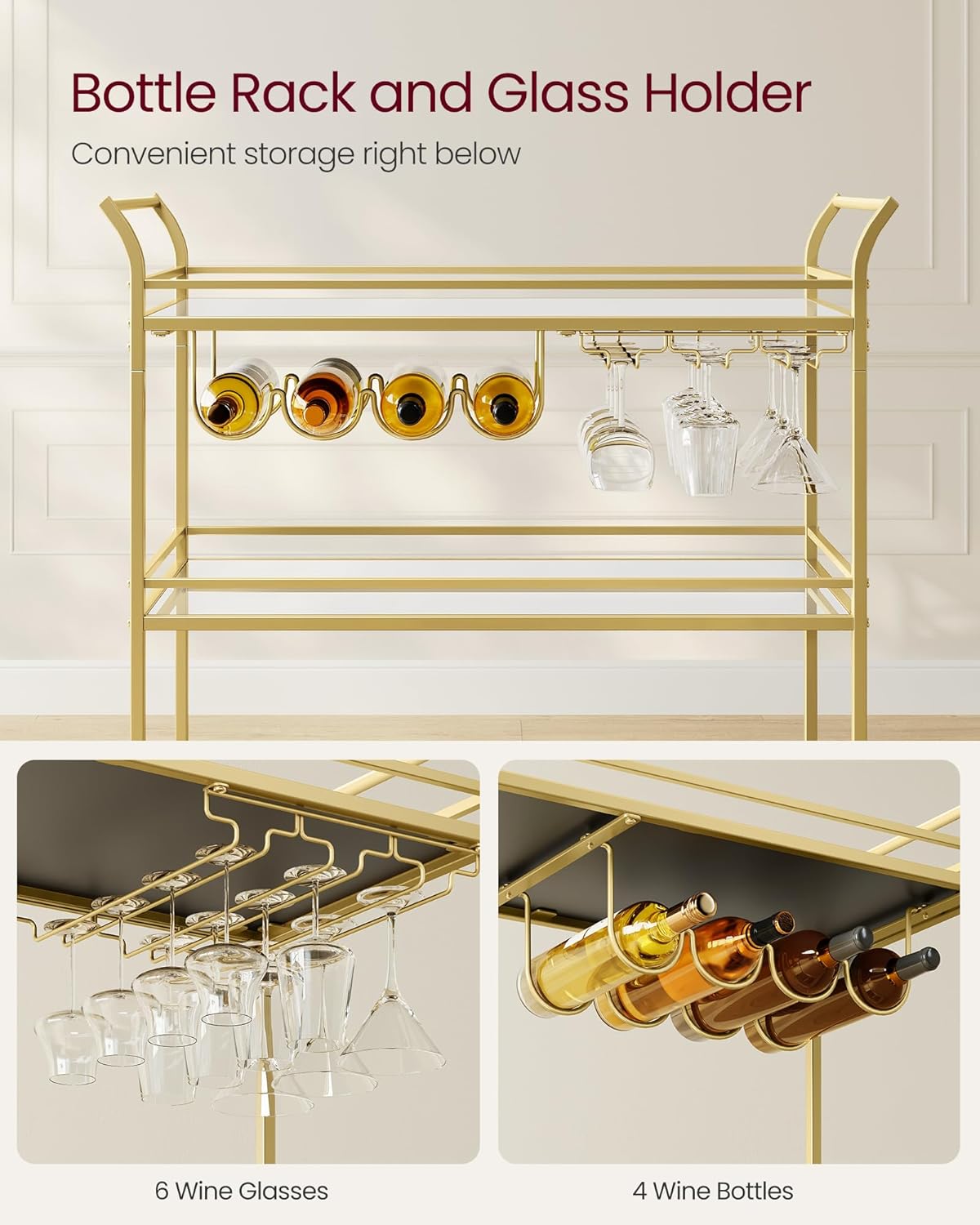 VASAGLE Bar Cart Gold, Large Home Bar Serving Cart with 3-Tier Mirrored Shelf, Wine Holders, Glass Holders, Kitchen, 15 x 33.9 x 35.4 Inches, Gold ULRC083A02