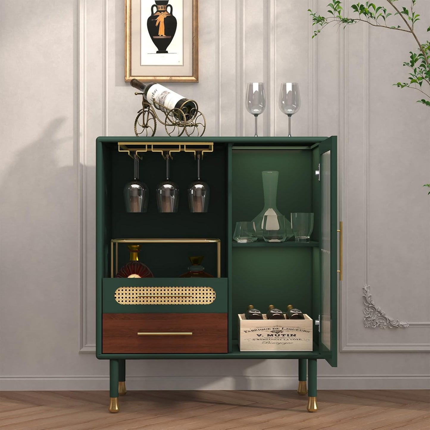 ARTPOWER Modern Coffee Bar Cabinet with Wine Glass Rack and Drawers, Green Liquor Cabinet with Pull-Out Wine Storage for Kitchen, Dining Room, Living Room