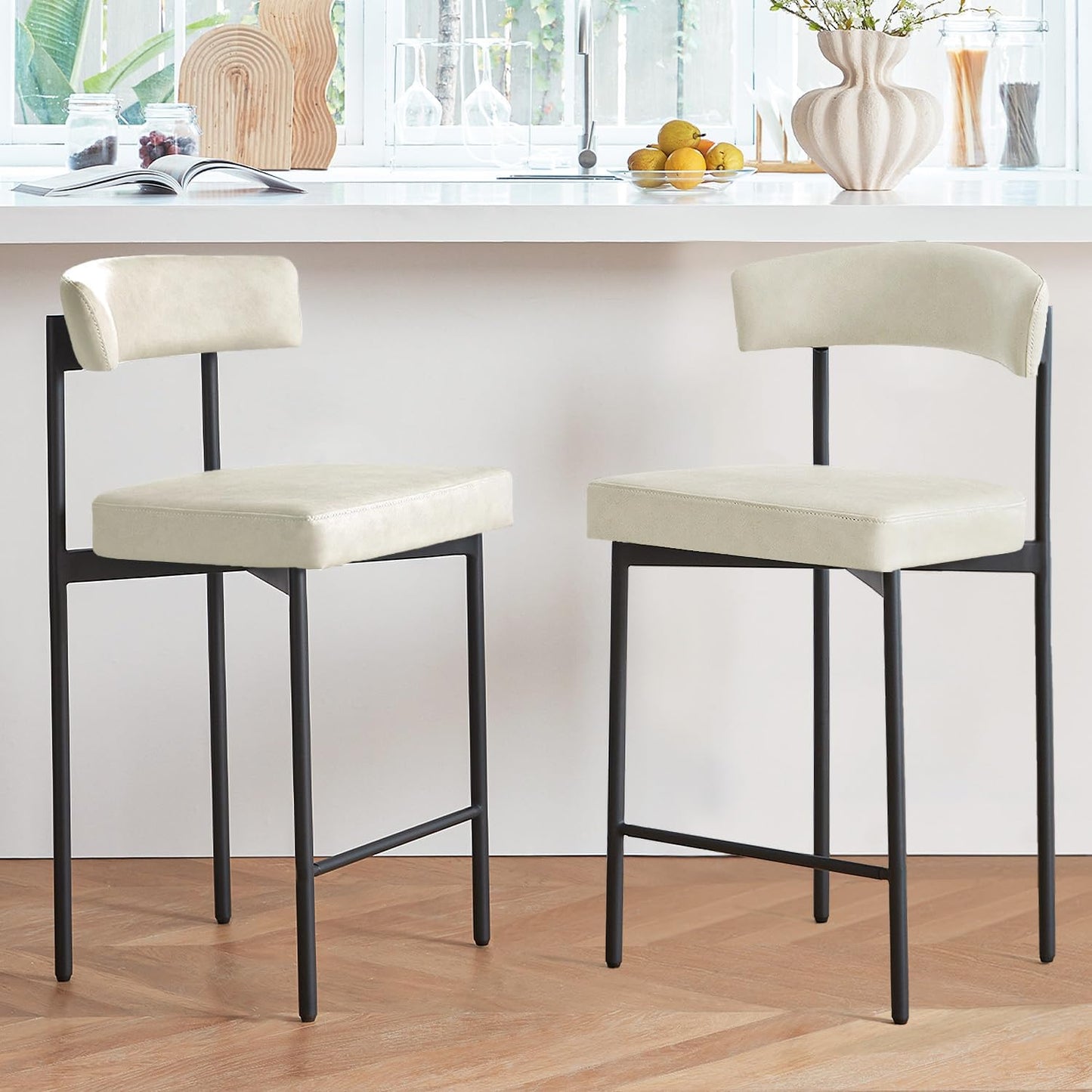 Brown Modern Bar Stools Set of 2, 24 Inch Faux Leather Counter Stools with Curved Backrest, Counter Height Bar Stool for Kitchen Island