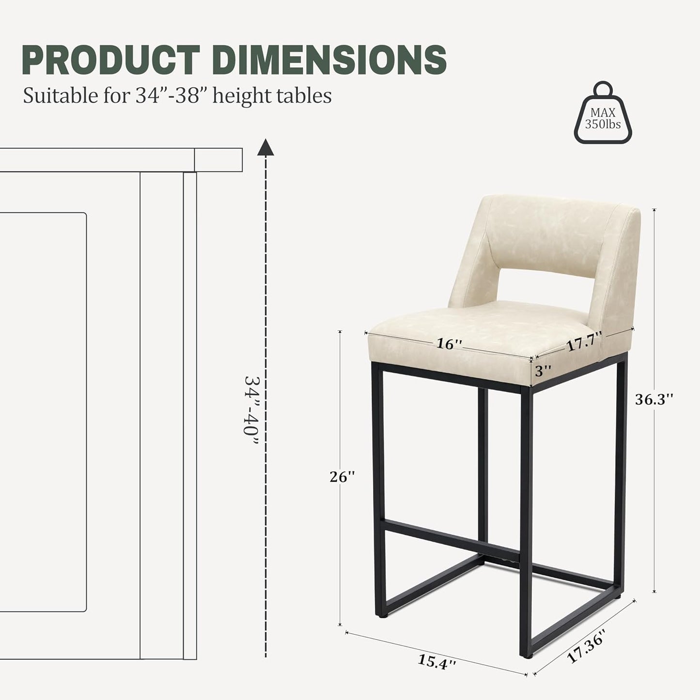 Counter Height Bar Stools Set of 4 for Kitchen Counter Modern Bar Chairs with Backs 26 Inch for Kitchen Island with Upholstered Faux Leather Seat and Metal Frame, Beige