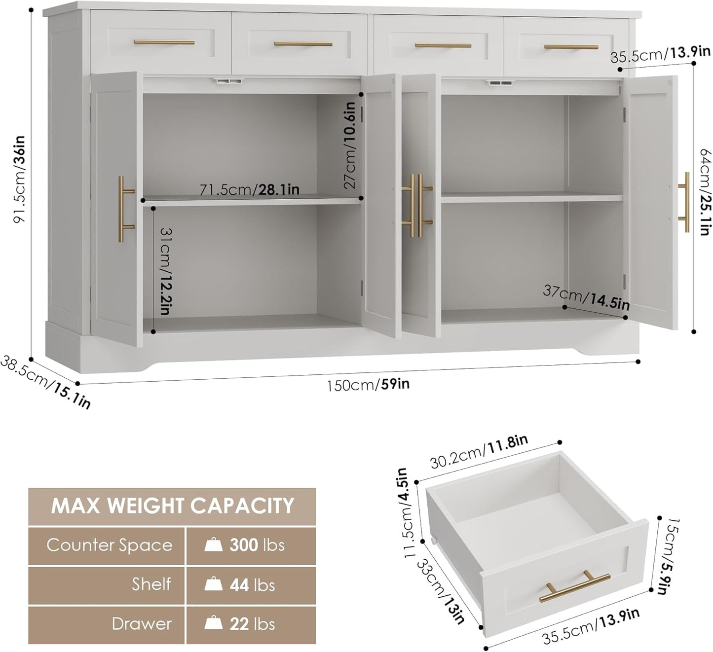 HOSTACK 60" Large Buffet Sideboard with Storage, 36" Tall Kitchen Buffet Storage Cabinet with 4 Drawers, Modern Coffee Bar Cabinet with Gold Handles, Long Sideboard Buffet Table for Kichen, White