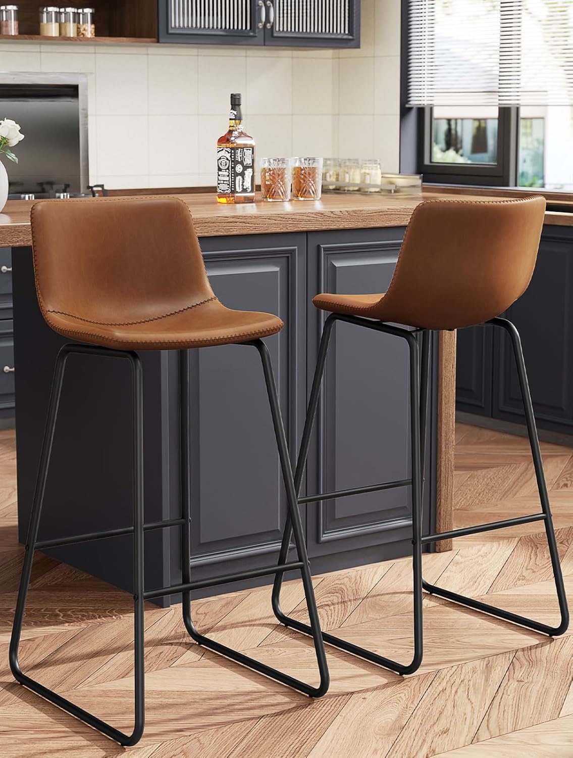Bar Stools Set of 4, PU Leather Counter Height Bar Stools, 26" Modern Barstools with Metal Legs and Footrest, Urban Armless Dining Chairs with Backrest for Kitchen Island (Brown)
