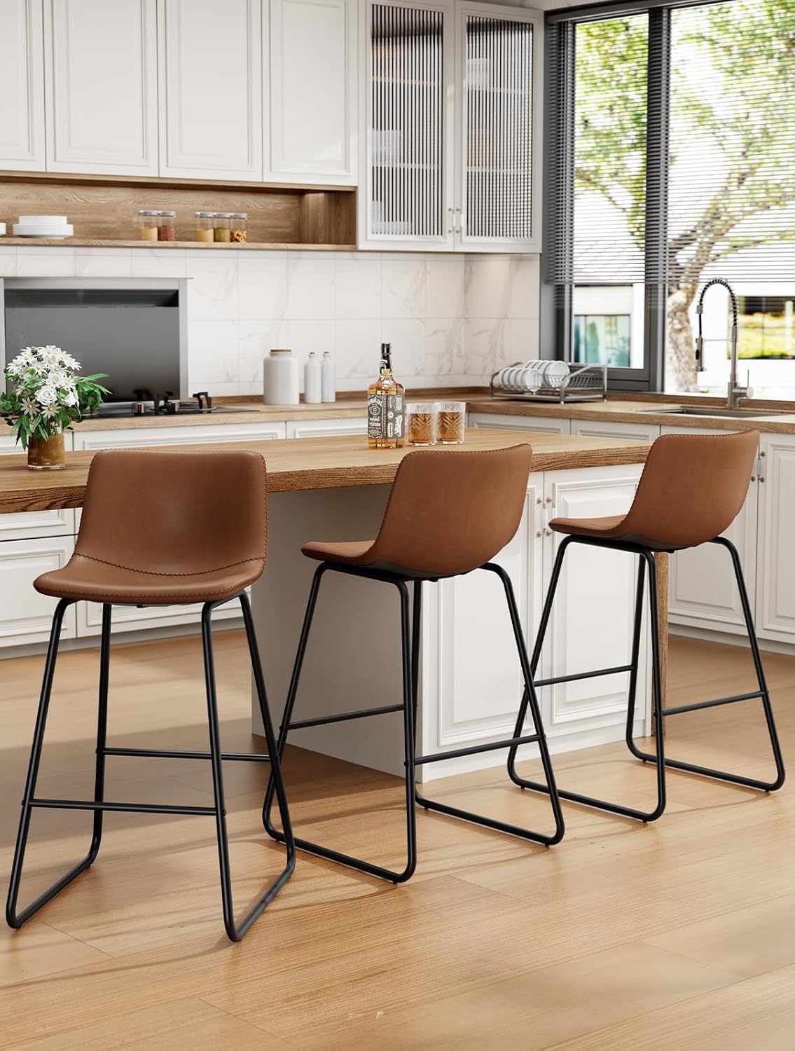Bar Stools Set of 4, PU Leather Counter Height Bar Stools, 26" Modern Barstools with Metal Legs and Footrest, Urban Armless Dining Chairs with Backrest for Kitchen Island (Brown)