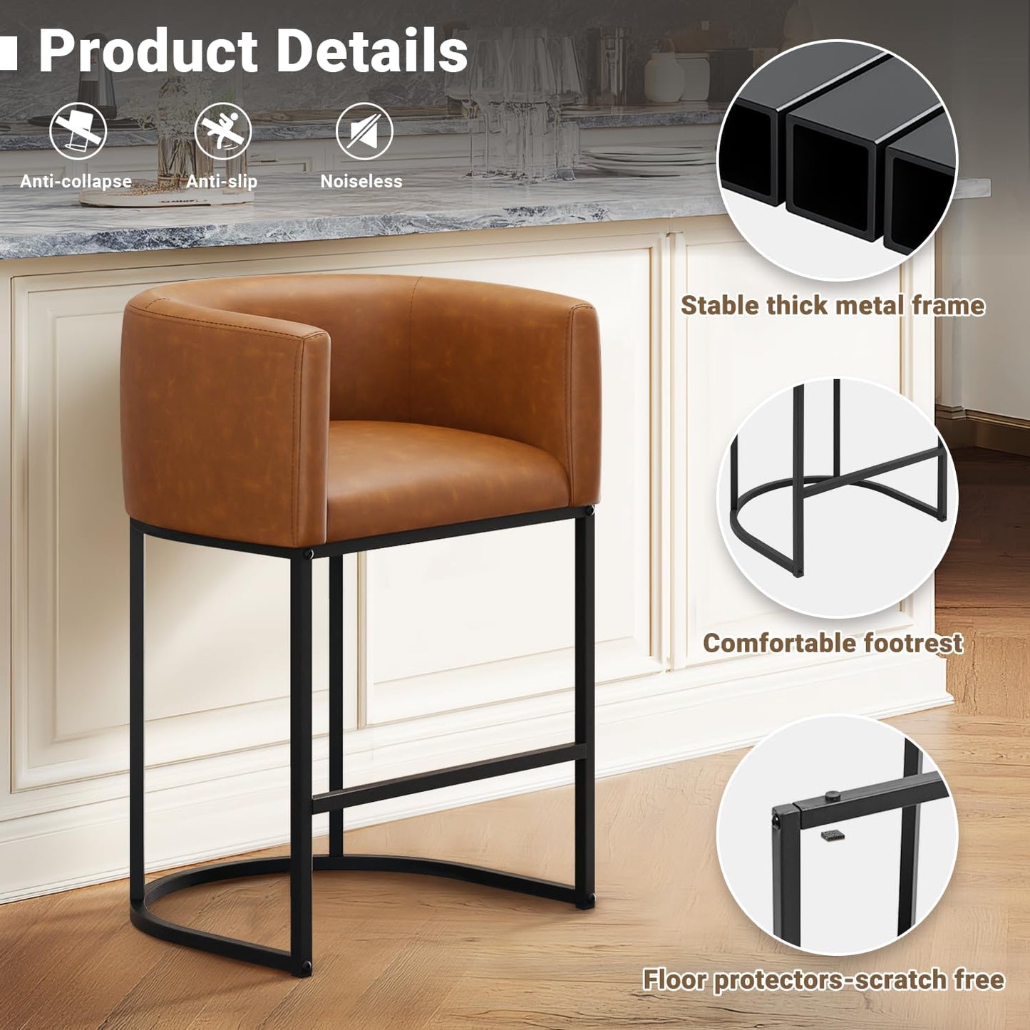 26" H Counter Height Bar Stools Set of 3, Modern Barrel Counter Stools with Backrest and Arms, Faux Leather Upholstered Accent Barstools for Kitchen Island,Support 450 LBS（Walnut Brown）