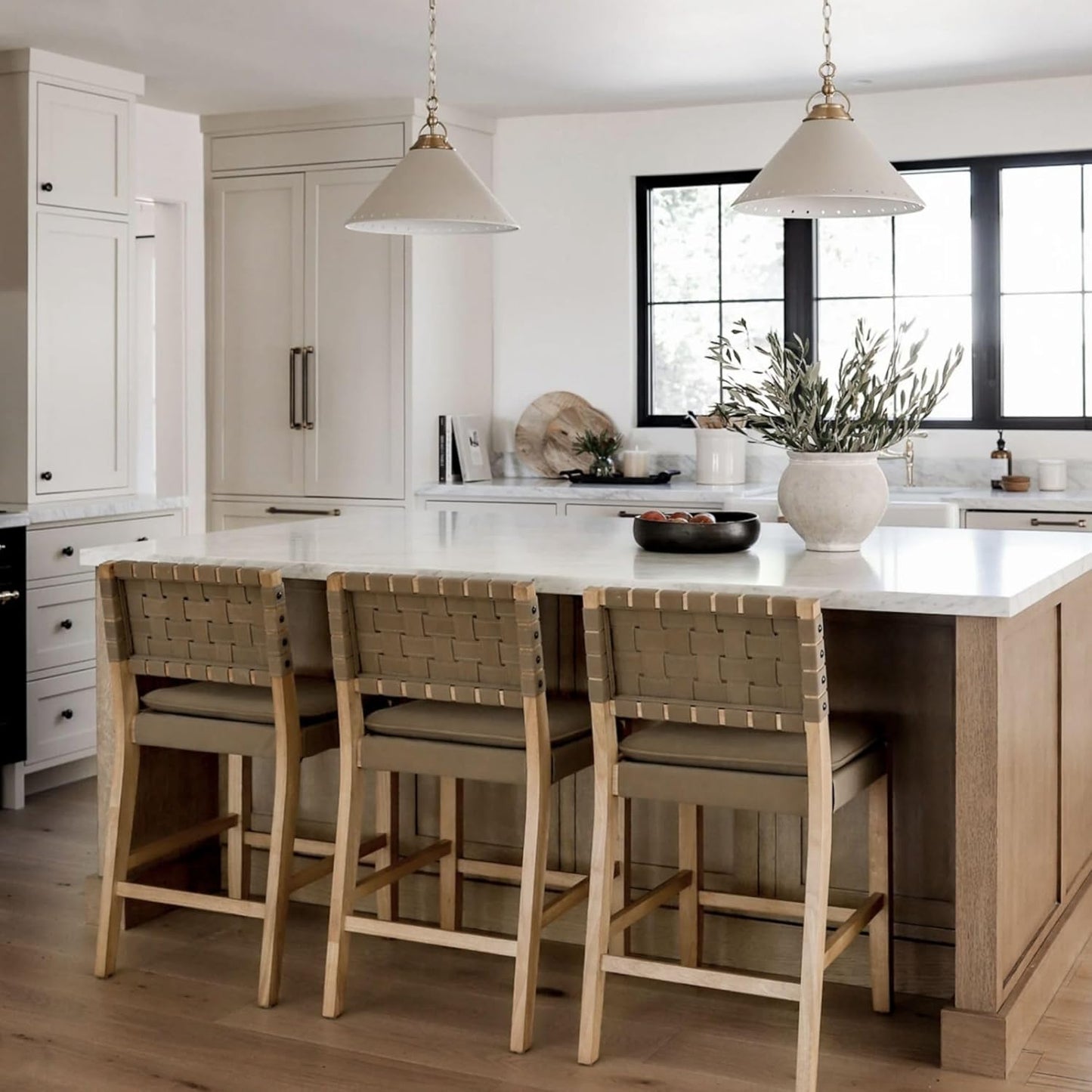 Nathan James Cohen Mid-Century Modern Leather Bar Stool, Counter Height Chair in Solid Wood Frame with Footrest and Woven Leather Back for Kitchen, Natural Brown, Set of 2