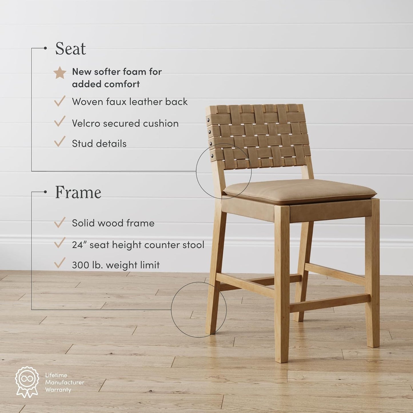 Nathan James Cohen Mid-Century Modern Leather Bar Stool, Counter Height Chair in Solid Wood Frame with Footrest and Woven Leather Back for Kitchen, Natural Brown, 1 count, Barstool - 24"