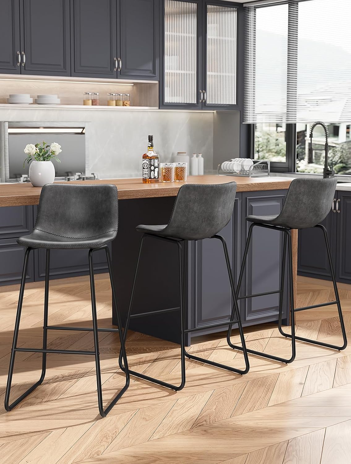 Bar Stools Set of 4, PU Leather Counter Height Bar Stools, 26" Modern Barstools with Metal Legs and Footrest, Urban Armless Dining Chairs with Backrest for Kitchen Island (Brown)