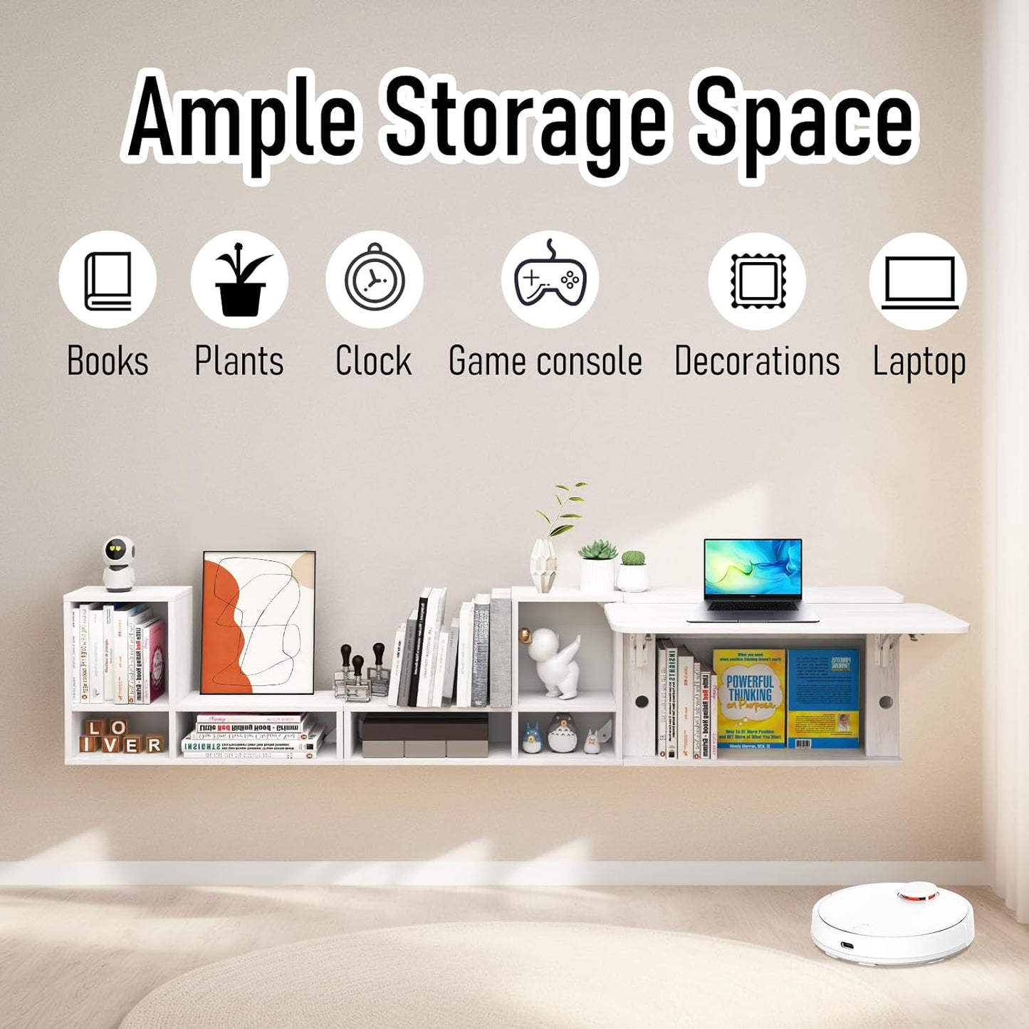 Pmnianhua Floating Desk with Moveable Cabinets,Wall Mounted Drop Leaf Table,Folding Wall Desk with Convertible Shelves,Multifunctional Laptop Workstation with Storage for Space Saving Small Space