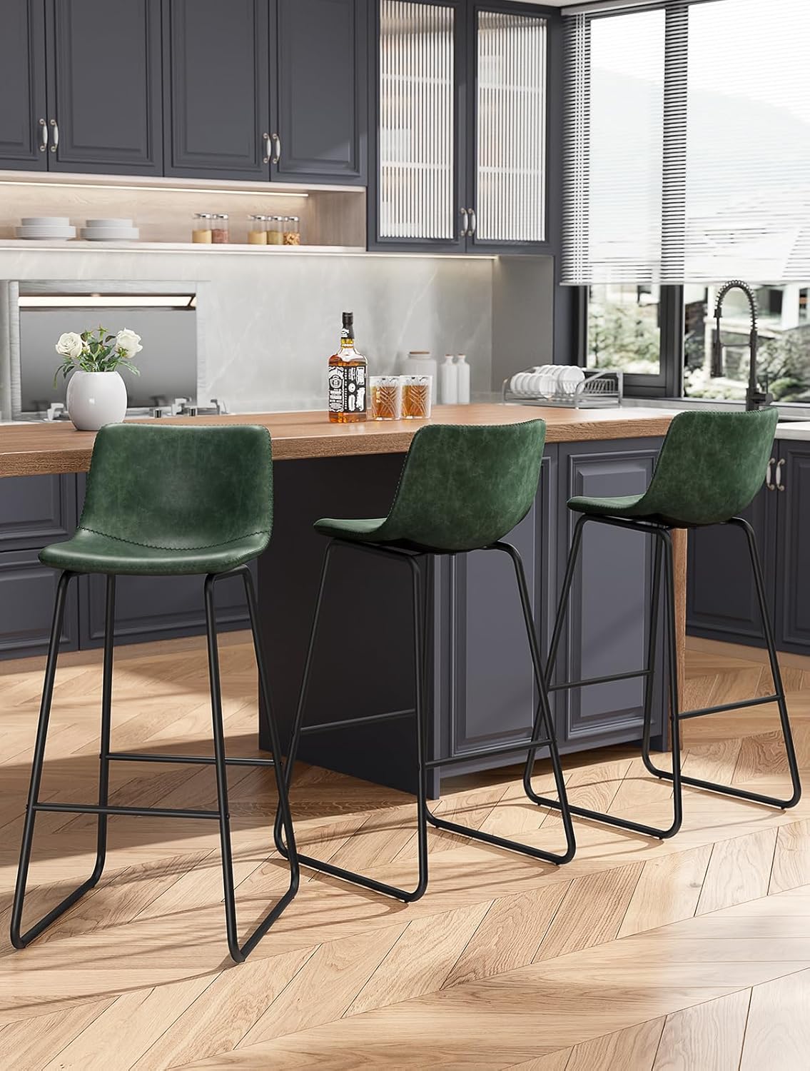 Bar Stools Set of 4, PU Leather Counter Height Bar Stools, 26" Modern Barstools with Metal Legs and Footrest, Urban Armless Dining Chairs with Backrest for Kitchen Island (Brown)