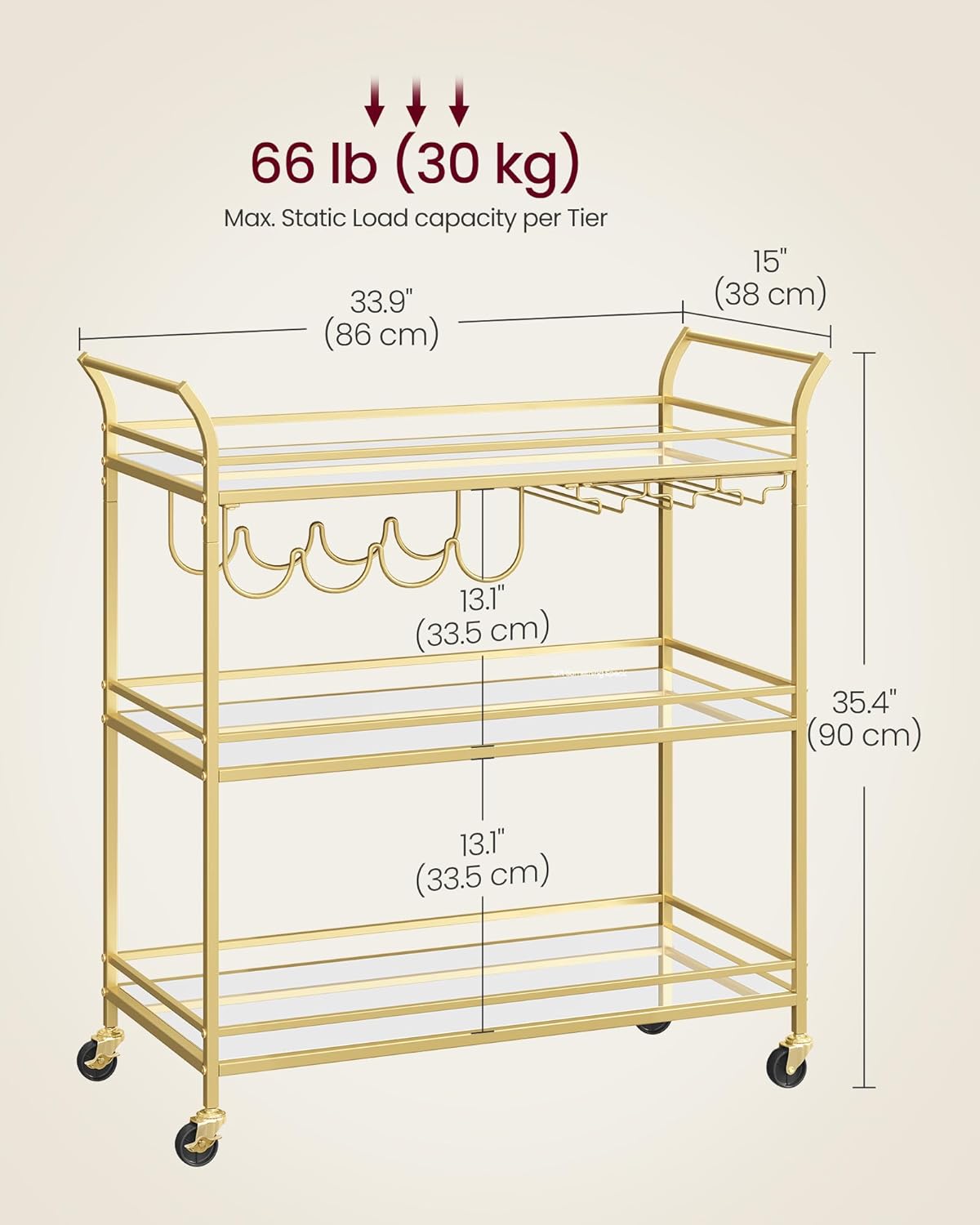 VASAGLE Bar Cart Gold, Large Home Bar Serving Cart with 3-Tier Mirrored Shelf, Wine Holders, Glass Holders, Kitchen, 15 x 33.9 x 35.4 Inches, Gold ULRC083A02