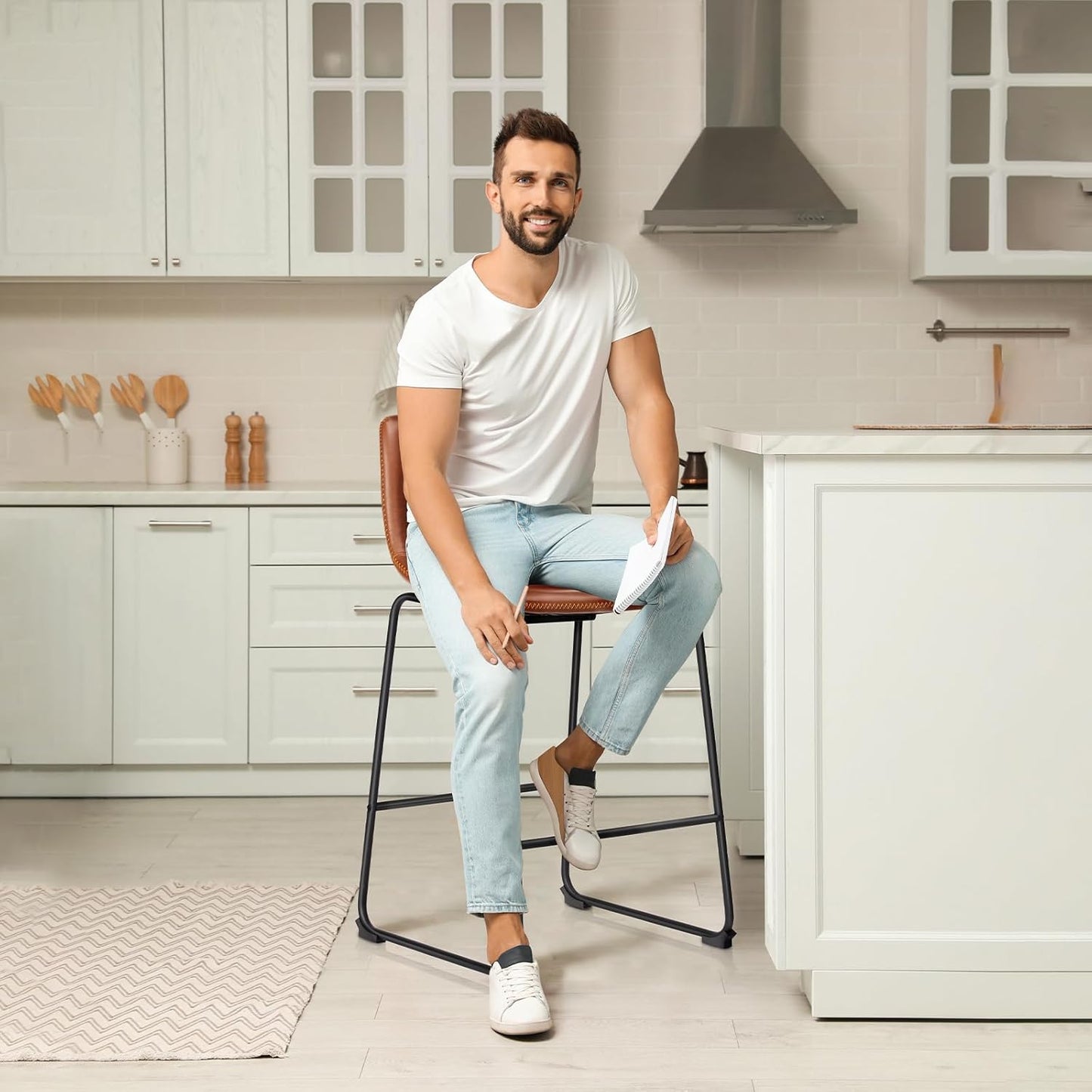 DUMOS 26 Inch Counter Height Bar Stools Set of 4, Modern Faux Leather High Barstools with Back and Metal Leg, Bar Chairs for Kitchen lsland, Brown