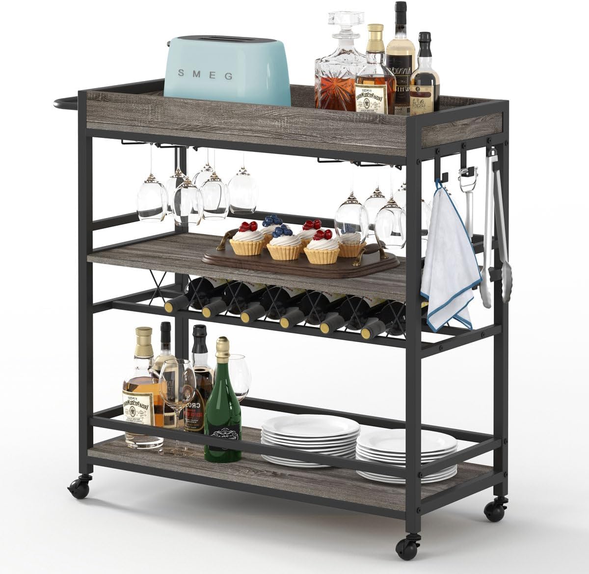 BON AUGURE Bar Cart for The Home, Rolling Home Bar Serving Cart on Wheels, 3 Tier Liquor Beverage Carts with Wine Rack and Glass Holder (Rustic Oak)