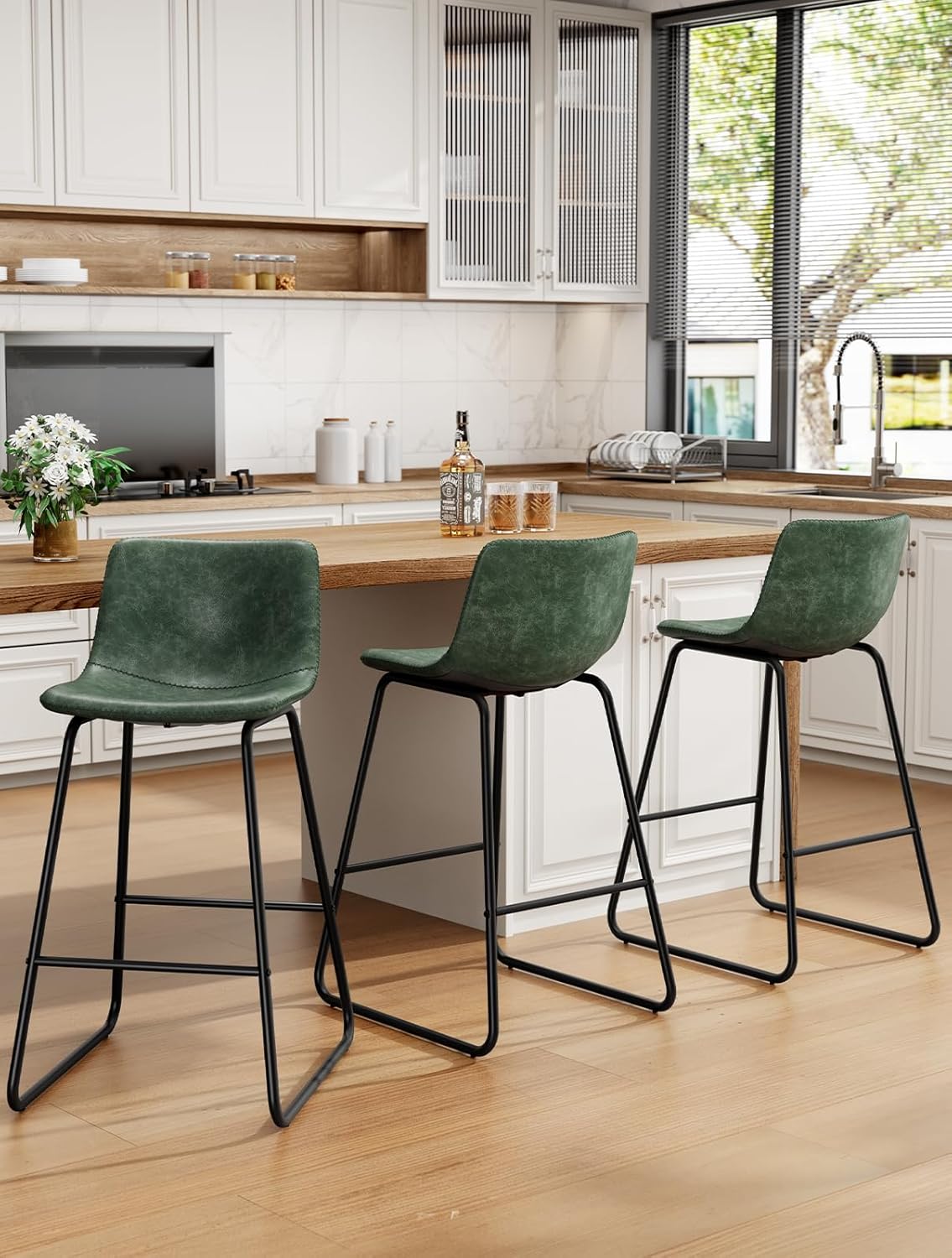 Bar Stools Set of 4, PU Leather Counter Height Bar Stools, 26" Modern Barstools with Metal Legs and Footrest, Urban Armless Dining Chairs with Backrest for Kitchen Island (Brown)