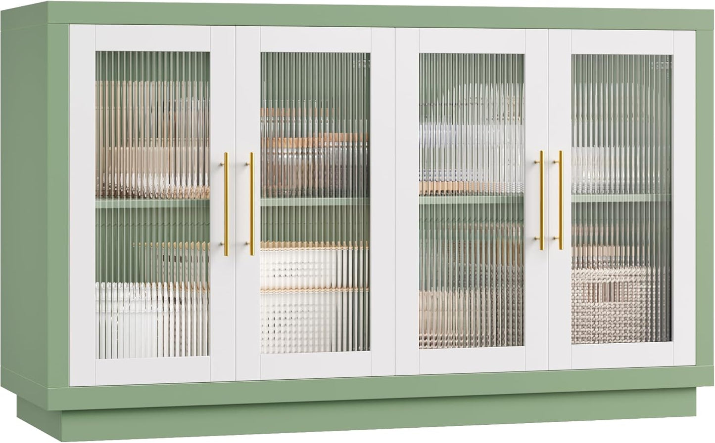 FOTOSOK Buffet Cabinet with Storage, 55.1" Large Sideboard Buffet Table, Modern Sideboard Kitchen Cabinet with 4 Fluted Glass Doors, Wood Coffee Ba for Kitchen Dining Room, Black/Brown