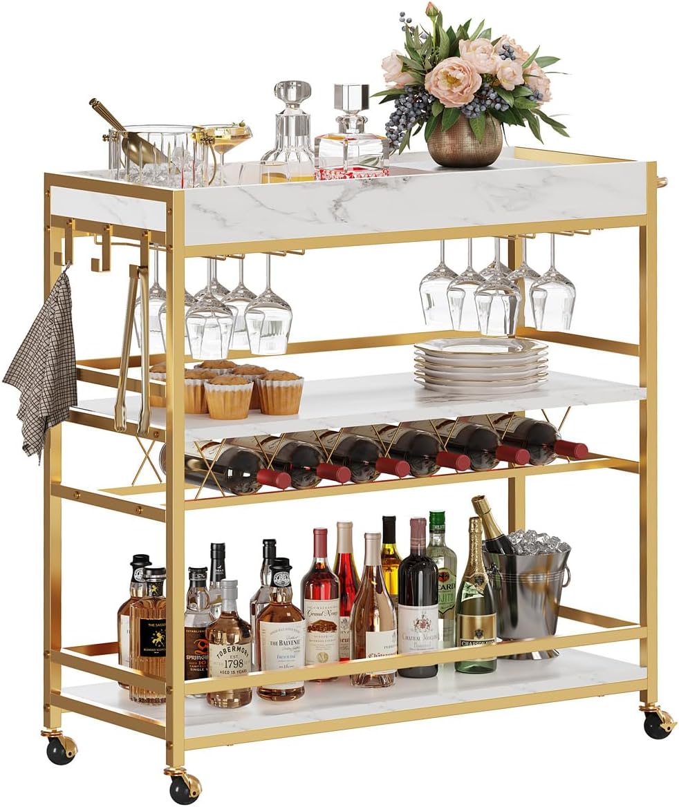 BON AUGURE Bar Cart for The Home, Rolling Home Bar Serving Cart on Wheels, 3 Tier Liquor Beverage Carts with Wine Rack and Glass Holder (Rustic Oak)