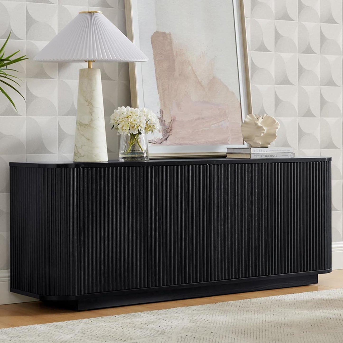 64" Buffet Sideboard Cabinet with Storage, Modern Fluted Accent Credenza with Adjustable Shelves, Wood Coffee Bar Console Table for Living Room Kitchen Dining Room Hallway, 24" H, Walnut