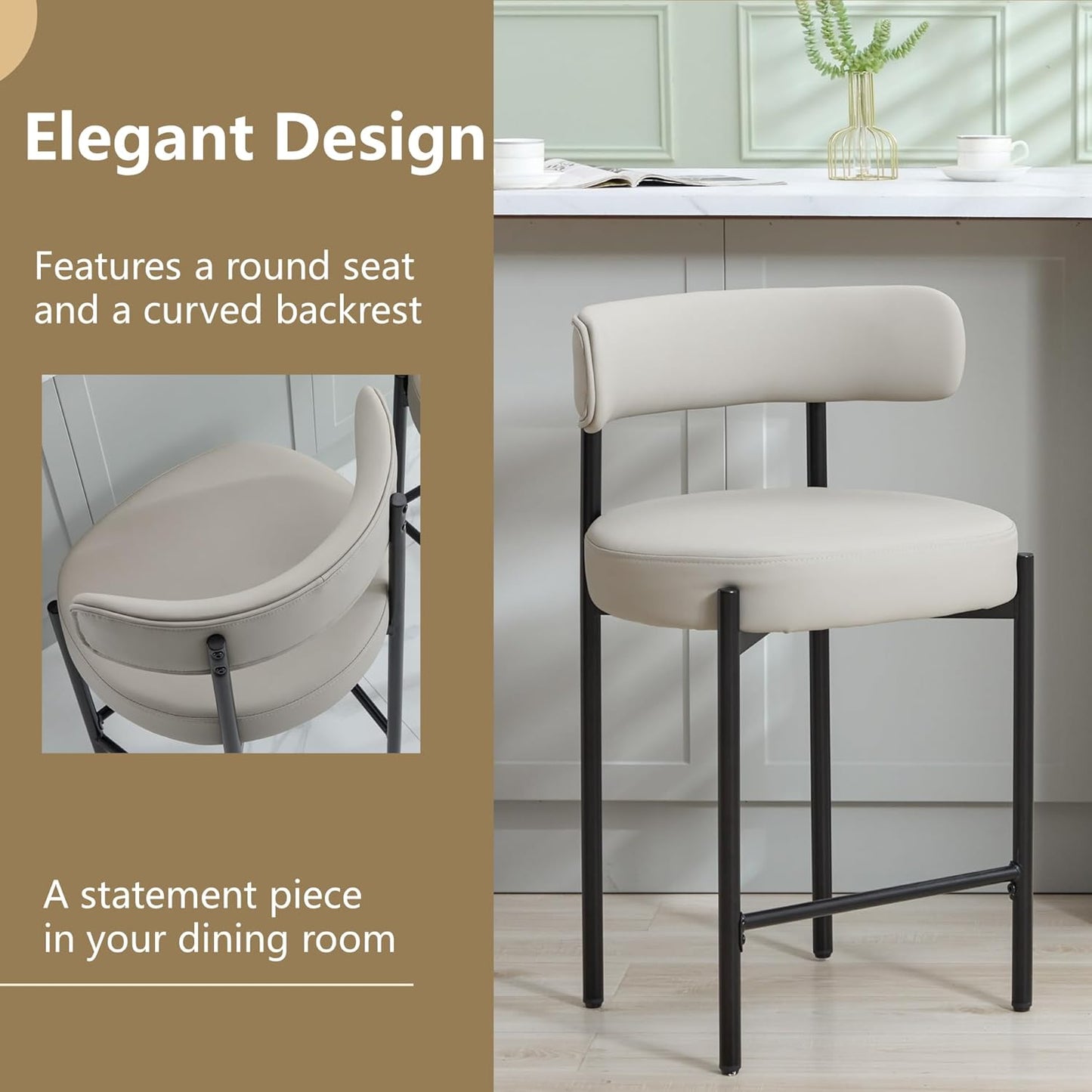 Counter Height Bar Stools Set of 3, 24'' Faux Leather Bar Stools with Back, Mid-Century Modern Bar Chairs for Kitchen Island, Dining Room, Vegan Leather, Grey