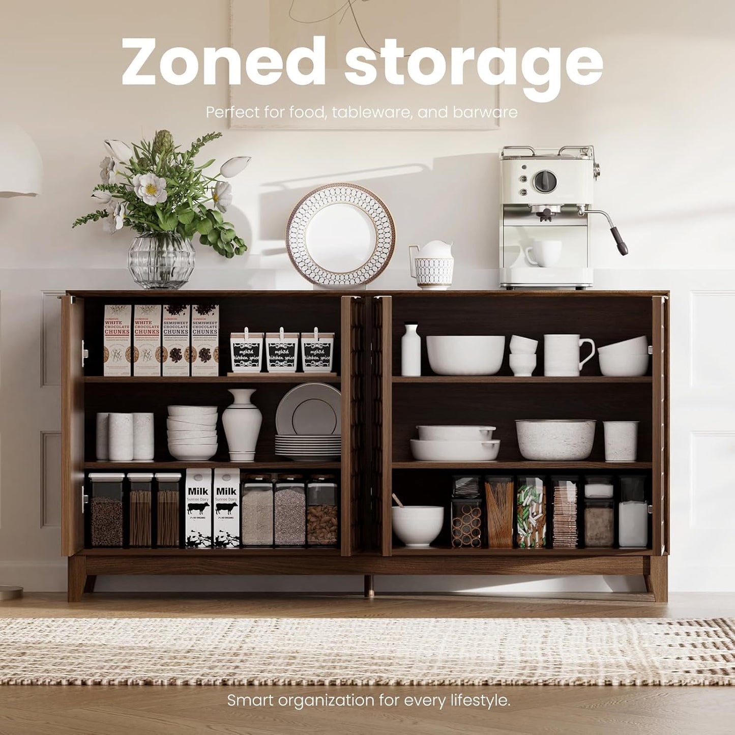 COLAMY Fluted Sideboard Cabinet with Storage – Solid Wood Buffet for Dining Room, Credenza Console with Adjustable Shelves, Walnut Finish, Mid Century Modern Style,Walnut Black