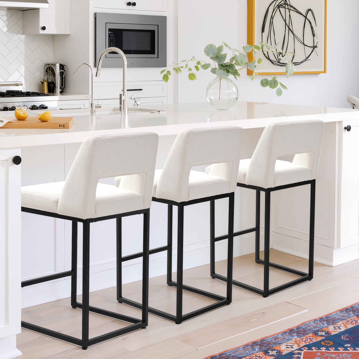 Counter Height Bar Stools Set of 4 for Kitchen Counter Modern Bar Chairs with Backs 26 Inch for Kitchen Island with Upholstered Faux Leather Seat and Metal Frame, Beige