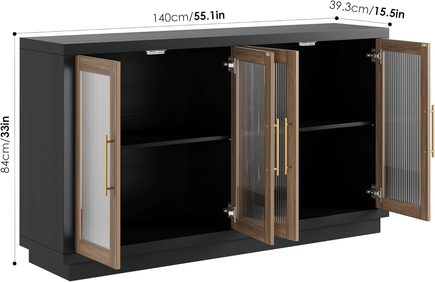 FOTOSOK Buffet Cabinet with Storage, 55.1" Large Sideboard Buffet Table, Modern Sideboard Kitchen Cabinet with 4 Fluted Glass Doors, Wood Coffee Ba for Kitchen Dining Room, Black/Brown