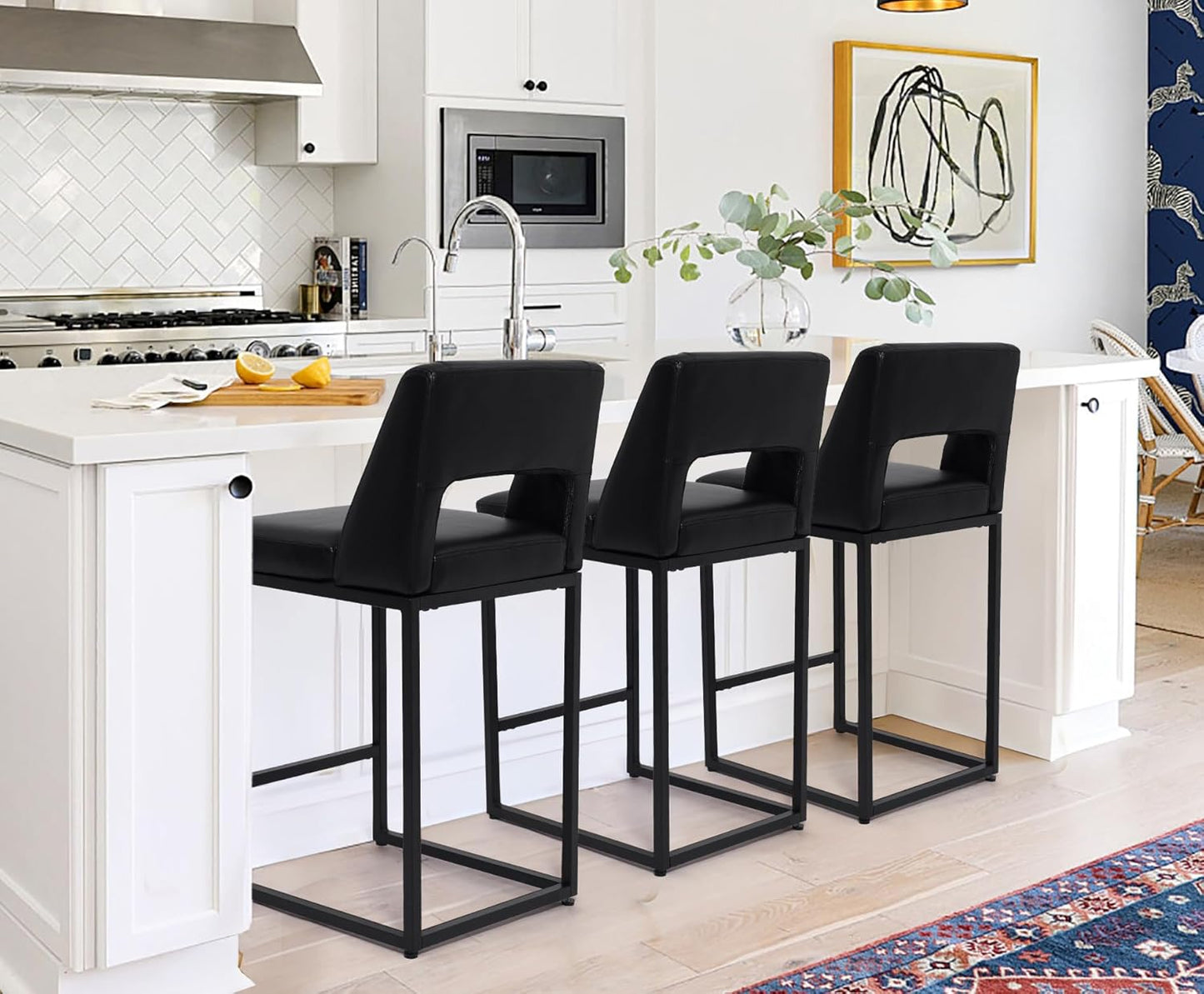 Counter Height Bar Stools Set of 4 for Kitchen Counter Modern Bar Chairs with Backs 26 Inch for Kitchen Island with Upholstered Faux Leather Seat and Metal Frame, Beige
