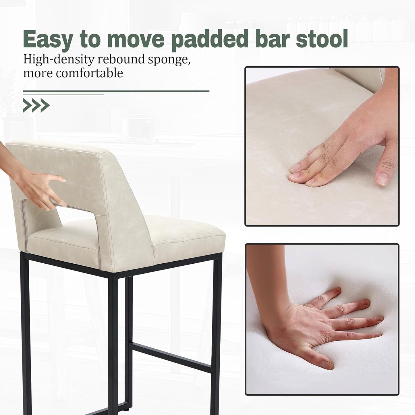 Counter Height Bar Stools Set of 4 for Kitchen Counter Modern Bar Chairs with Backs 26 Inch for Kitchen Island with Upholstered Faux Leather Seat and Metal Frame, Beige