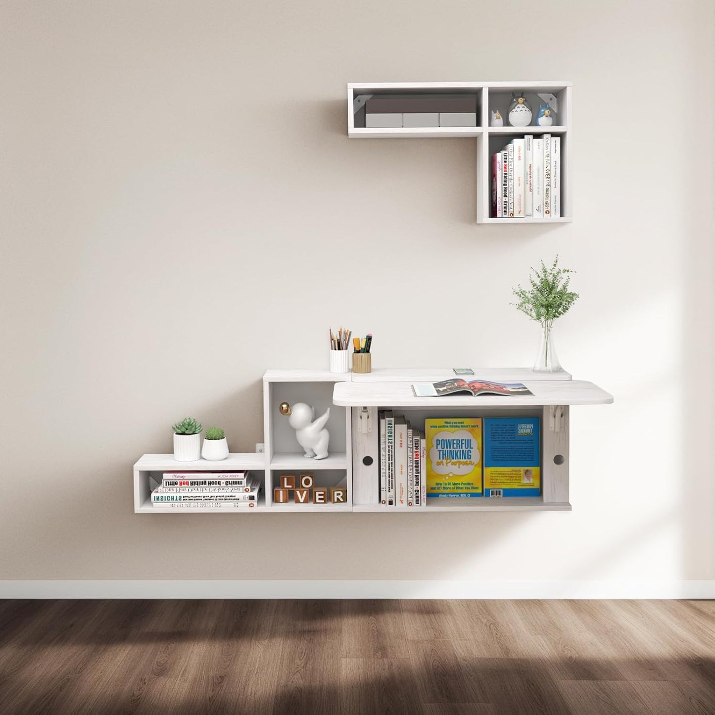 Pmnianhua Floating Desk with Moveable Cabinets,Wall Mounted Drop Leaf Table,Folding Wall Desk with Convertible Shelves,Multifunctional Laptop Workstation with Storage for Space Saving Small Space