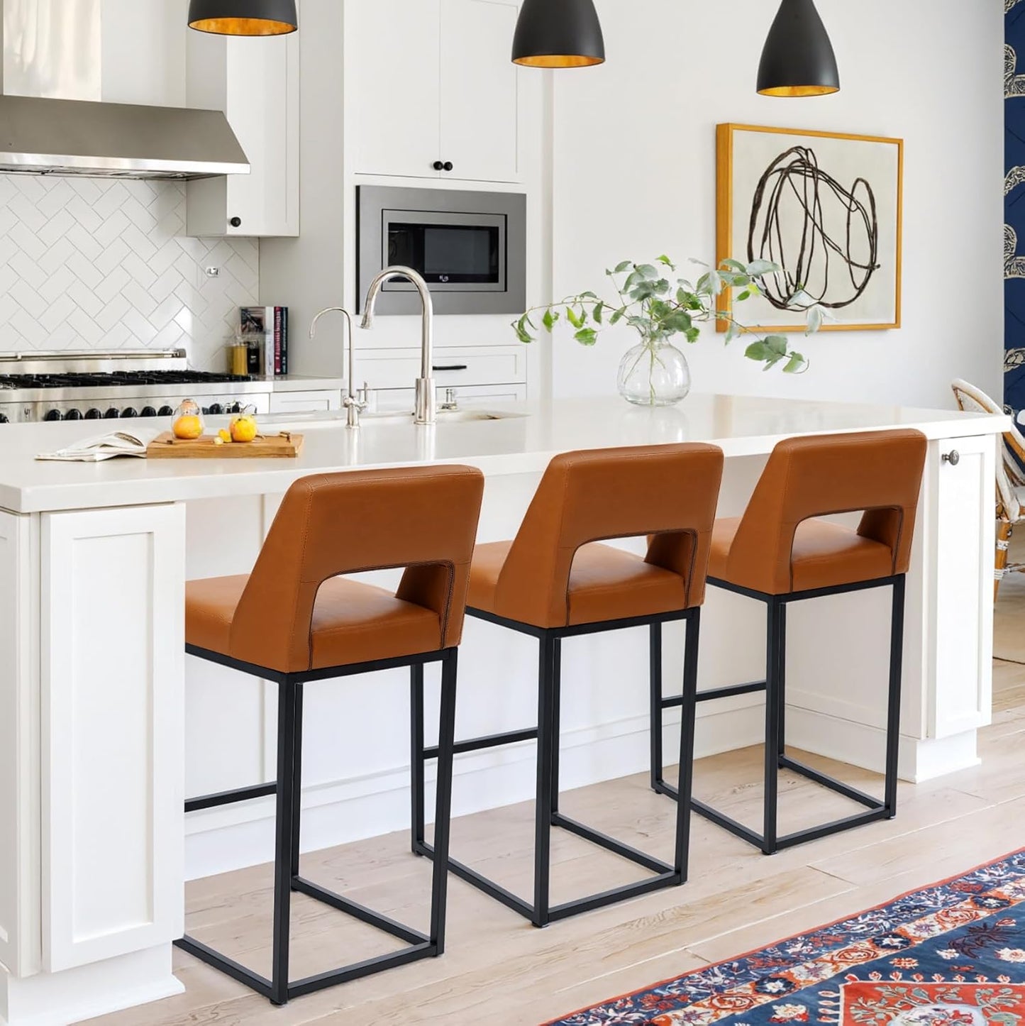 Counter Height Bar Stools Set of 4 for Kitchen Counter Modern Bar Chairs with Backs 26 Inch for Kitchen Island with Upholstered Faux Leather Seat and Metal Frame, Beige