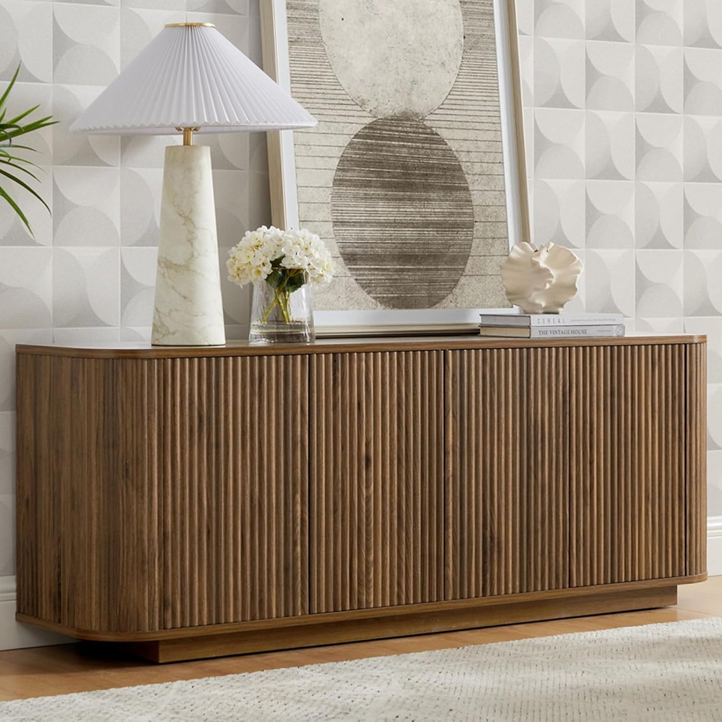 64" Buffet Sideboard Cabinet with Storage, Modern Fluted Accent Credenza with Adjustable Shelves, Wood Coffee Bar Console Table for Living Room Kitchen Dining Room Hallway, 24" H, Walnut