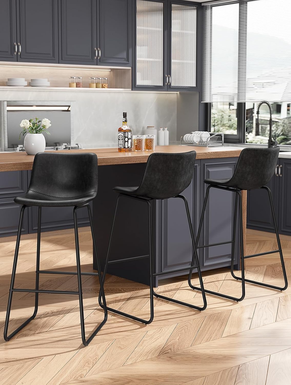 Bar Stools Set of 4, PU Leather Counter Height Bar Stools, 26" Modern Barstools with Metal Legs and Footrest, Urban Armless Dining Chairs with Backrest for Kitchen Island (Brown)
