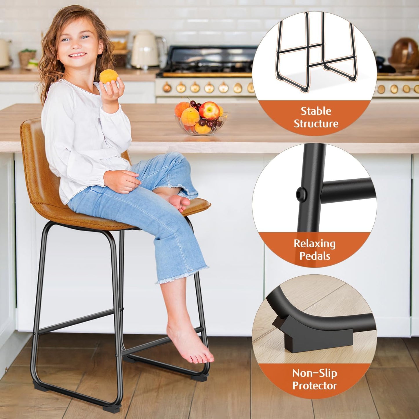 Bar Stools Set of 4, PU Leather Counter Height Bar Stools, 26" Modern Barstools with Metal Legs and Footrest, Urban Armless Dining Chairs with Backrest for Kitchen Island (Brown)